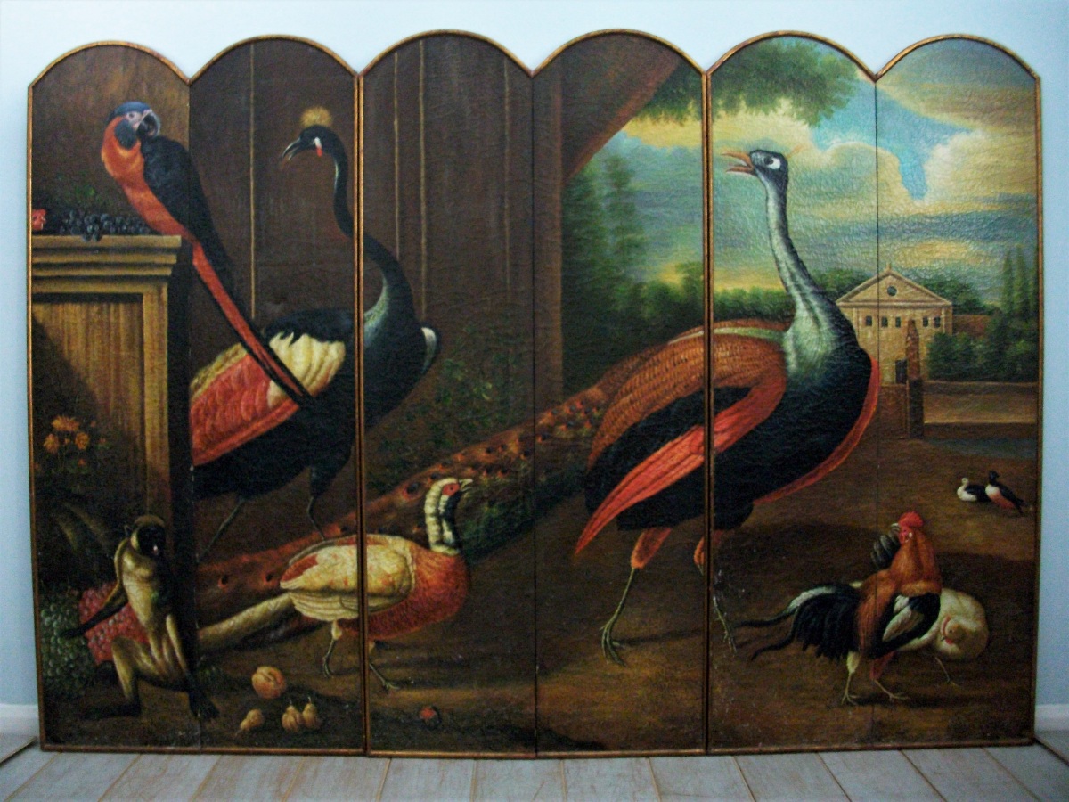 Six Fold Dressing Screen Wall Art Oil Painting Depicting Exotic Animals & Birds